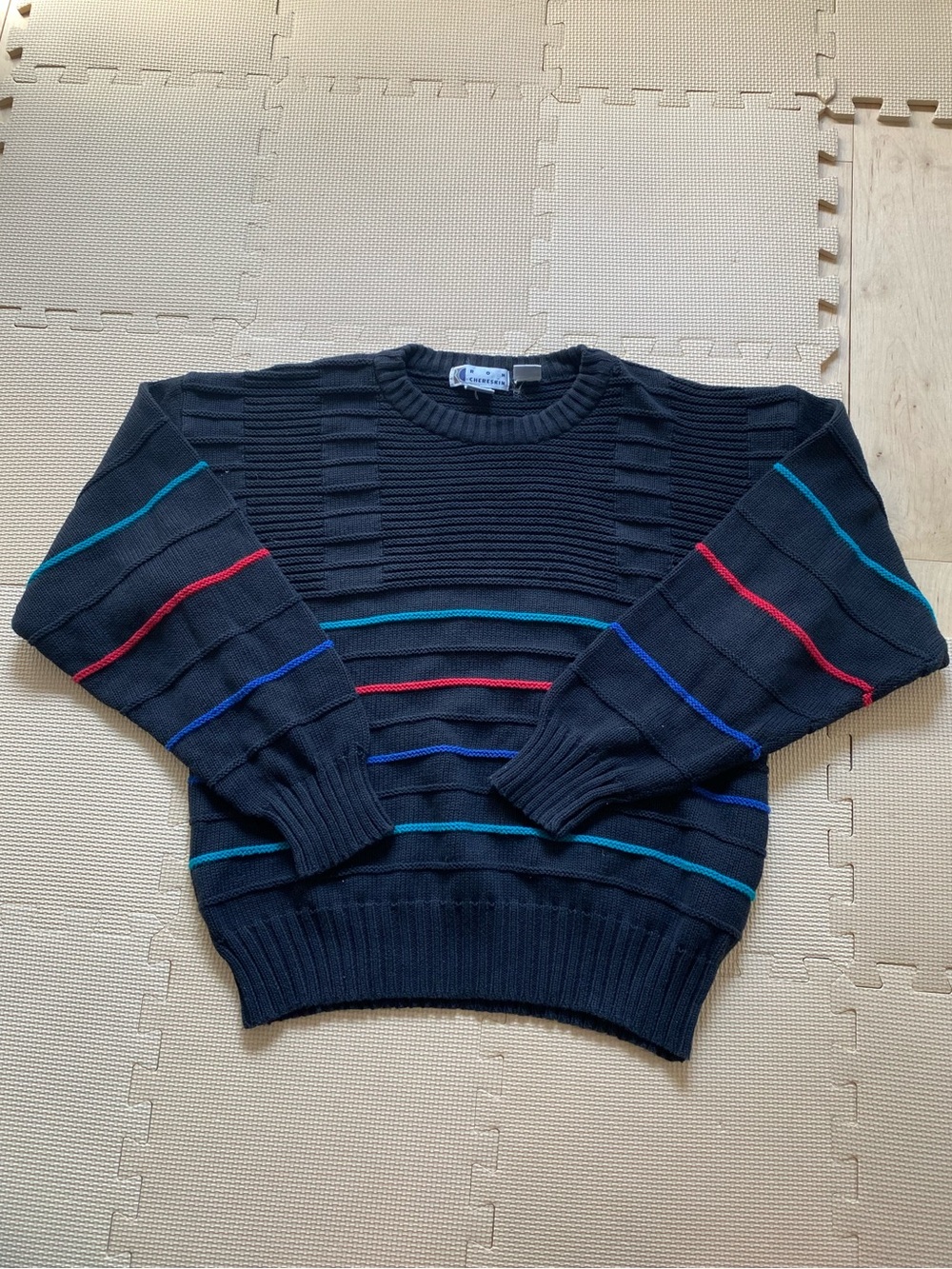 Vintage Ron Chereskin black sweater with multi-colored stripes size XL